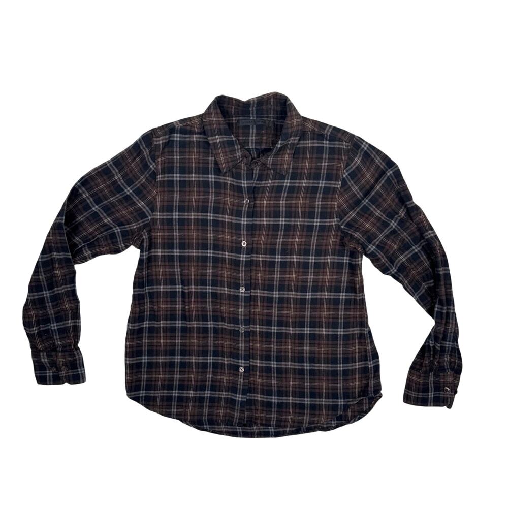 Jenni Kayne Classic Minimalist Flannel Plaid Shirt Long Button Sleeve Brown S